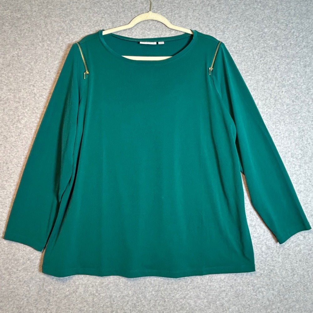 Susan Graver Zipper Shoulder Top Women 1X Green Long Sleeve Liquid Knit Casual